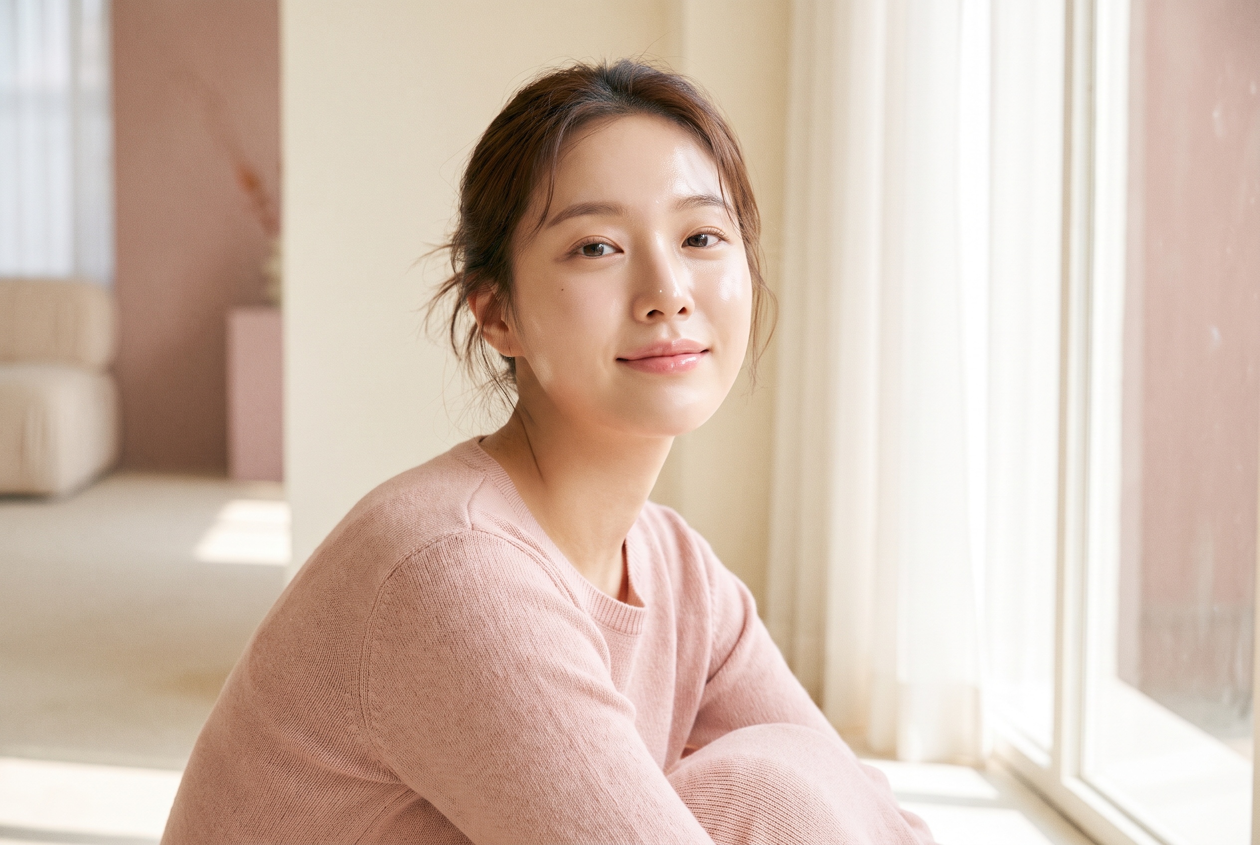 A woman calmly considering her lips in a café, thinking about her filler options