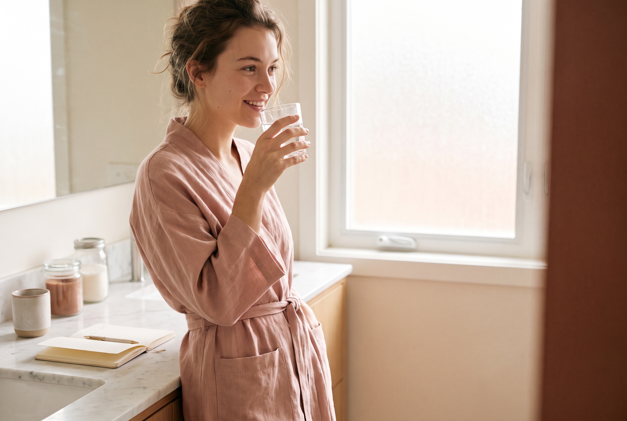 A woman preparing at the bathroom mirror before a lip filler appointment