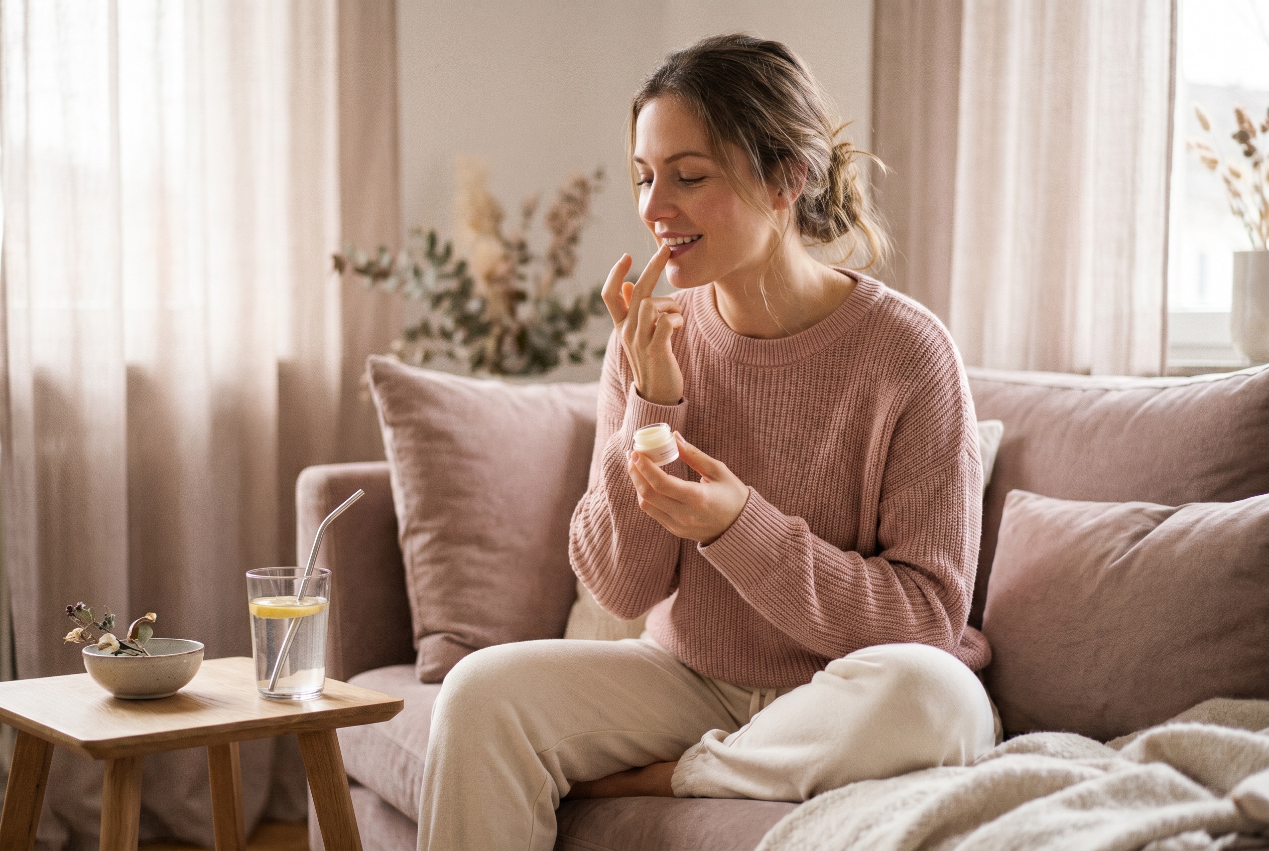 A woman gently caring for her lips in the days after lip filler