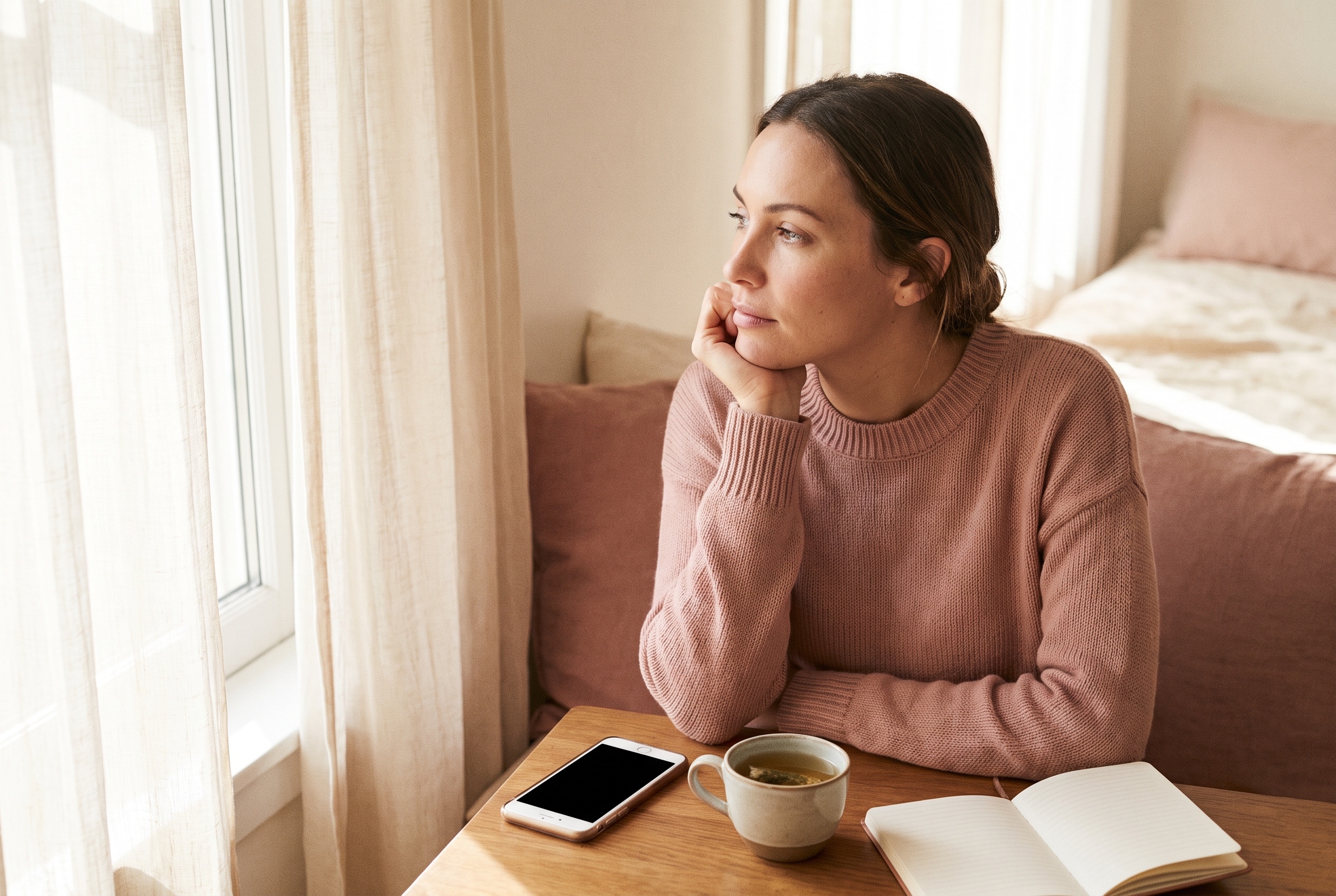A woman comparing fuller-lip preview looks on her phone before pricing out filler