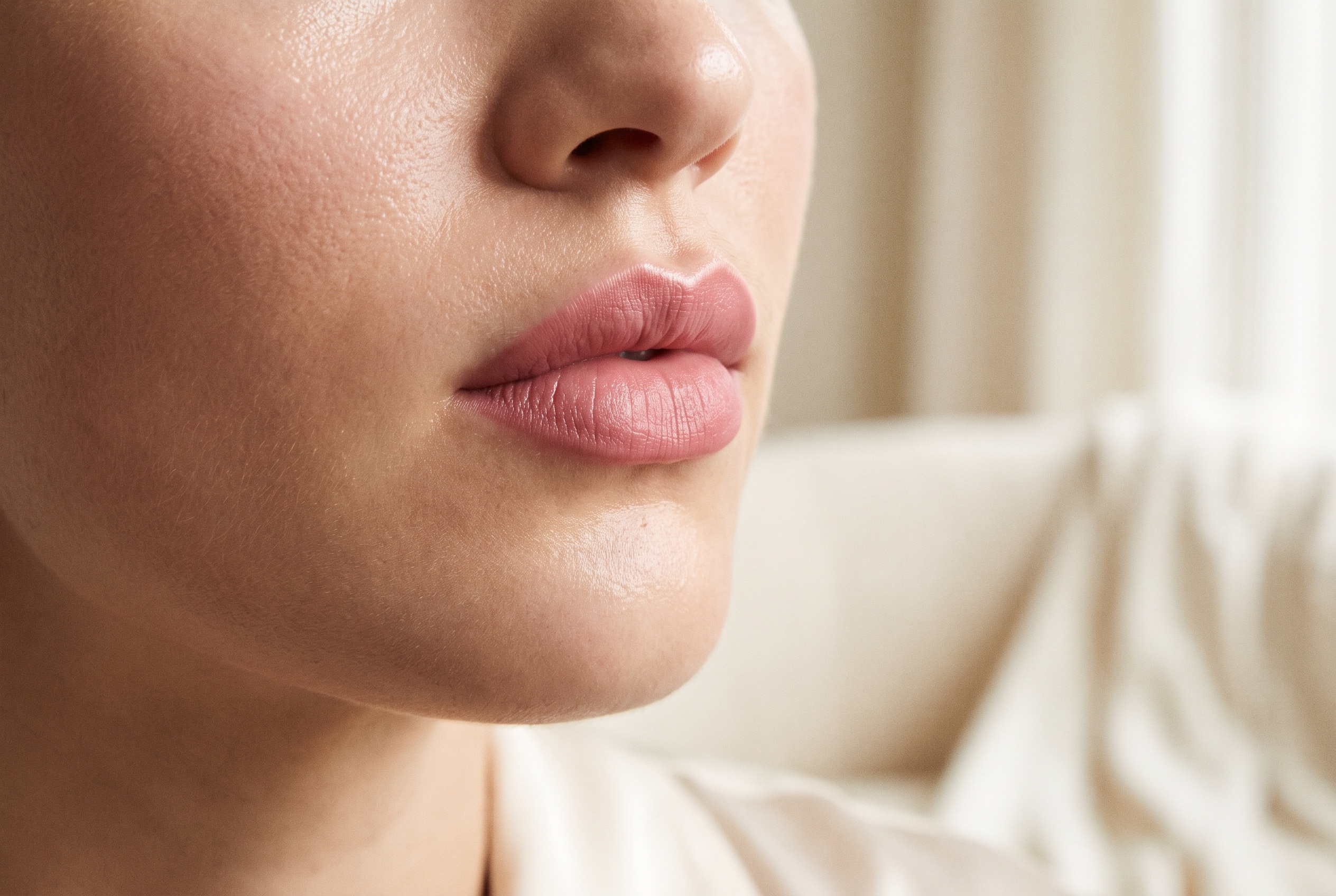 Close-up of defined, naturally full lips after filler
