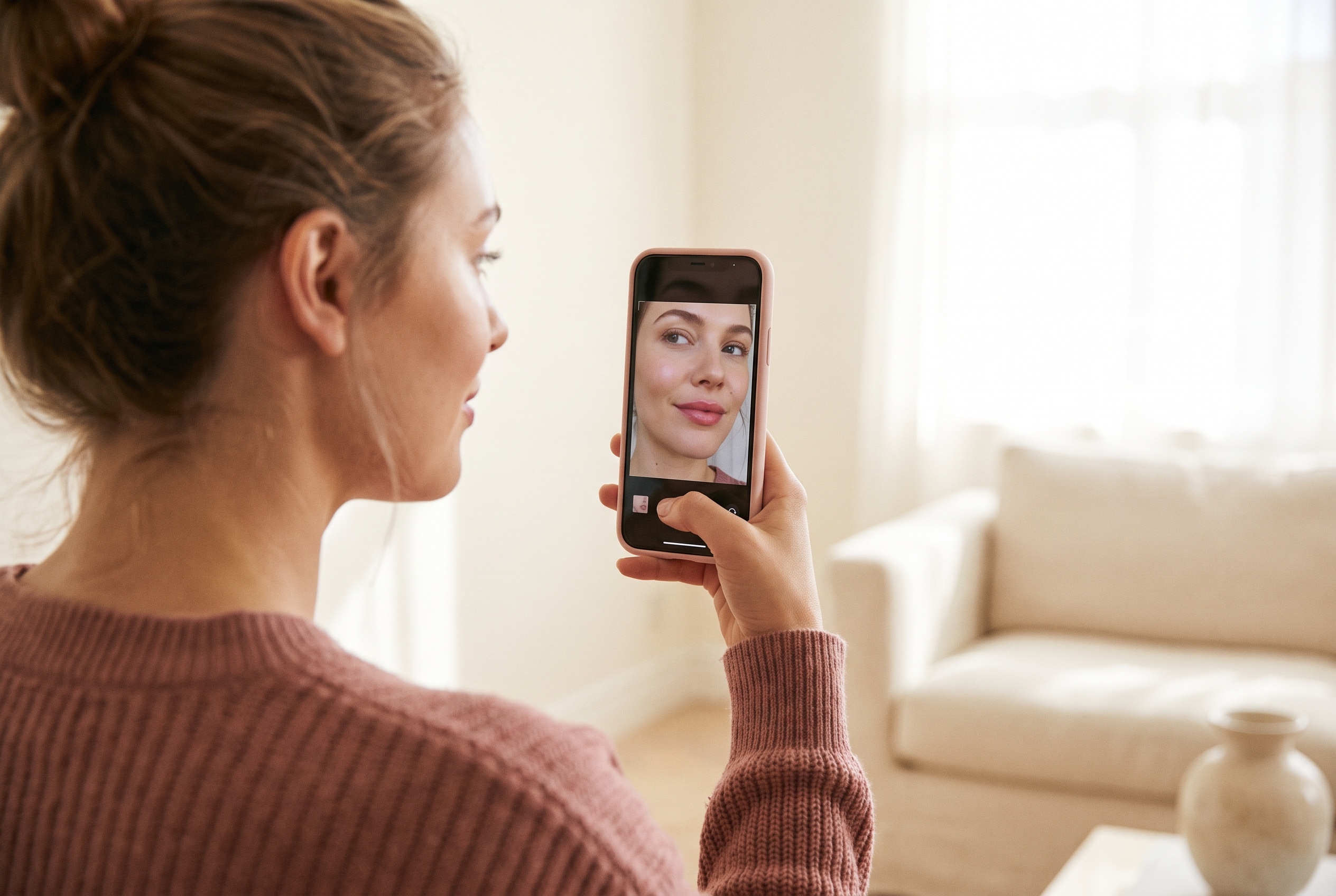 A woman looking at a fuller-lip preview of herself on her phone